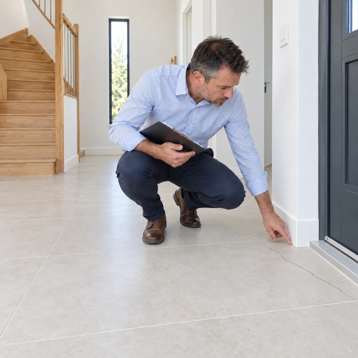 Expert examinant une fissure du carrelage dans une maison neuve terminée