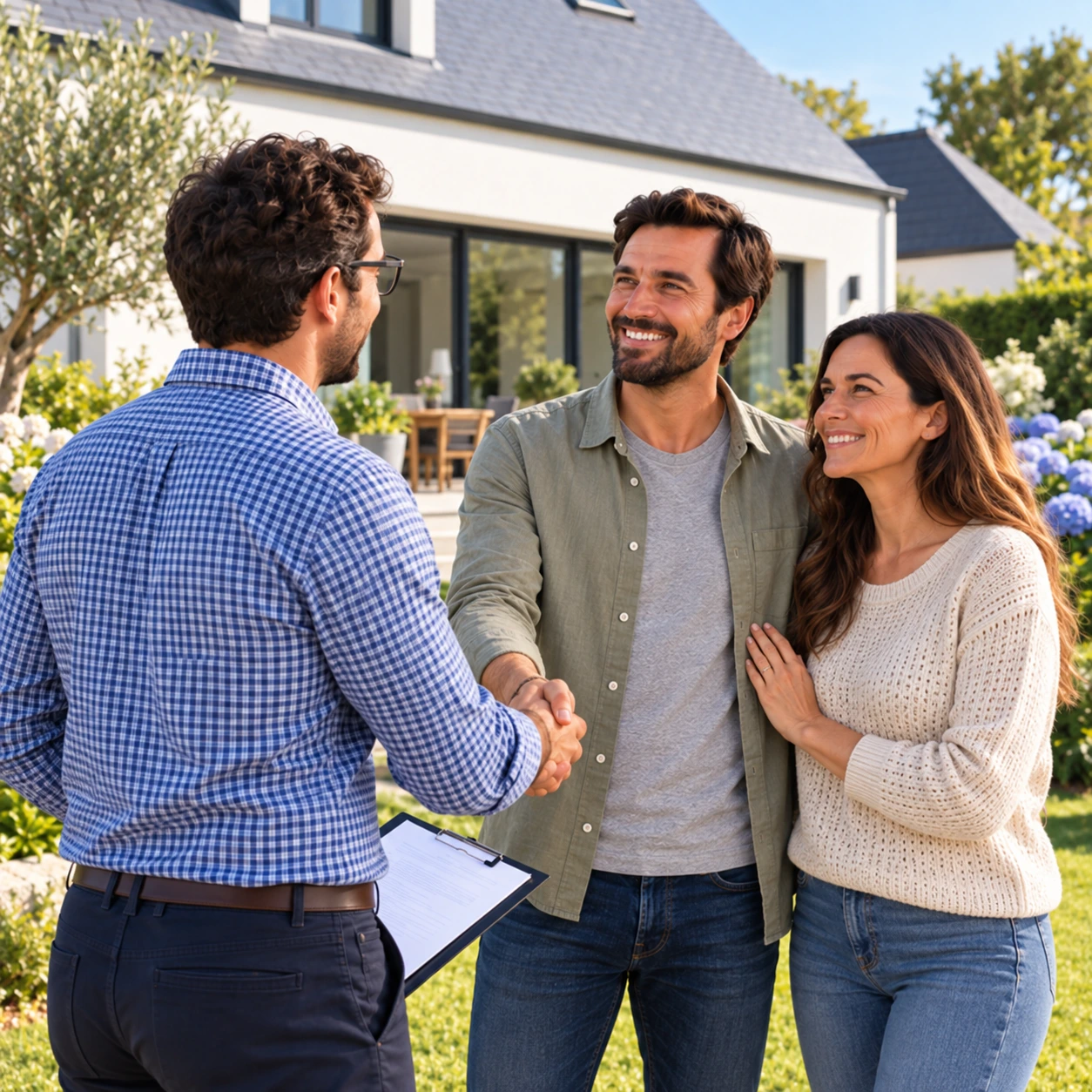 Un expert accueille des propriétaires souriants devant leur maison