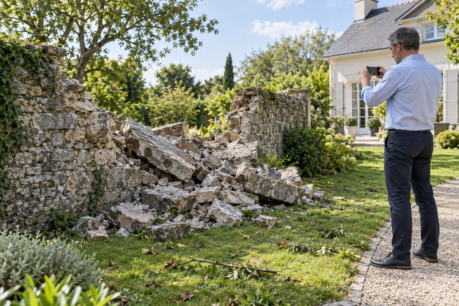 Professionnel photographiant les dommages d’un mur de clôture effondré